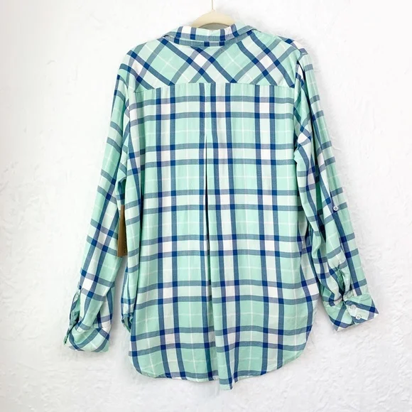 Billy T Lyocell Green & Blue Plaid Relaxed Flannel Sz Large - Picture 3 of 15